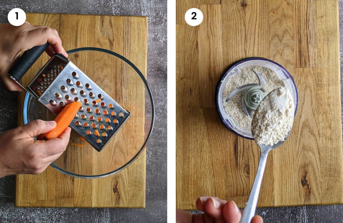 Step1: Grating the carrot. Step2: Ground oats after blending.