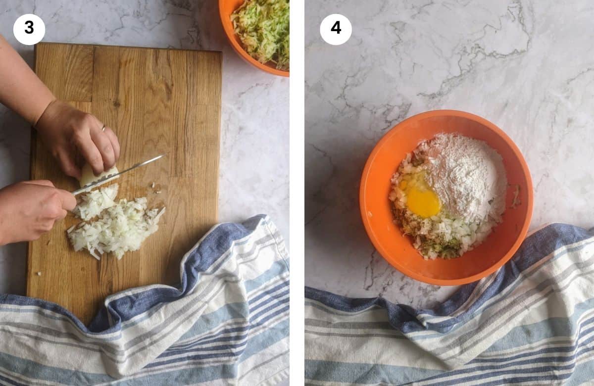 Step 3: Chopping the onion. Step 4: Mixing ingredients in bowl.