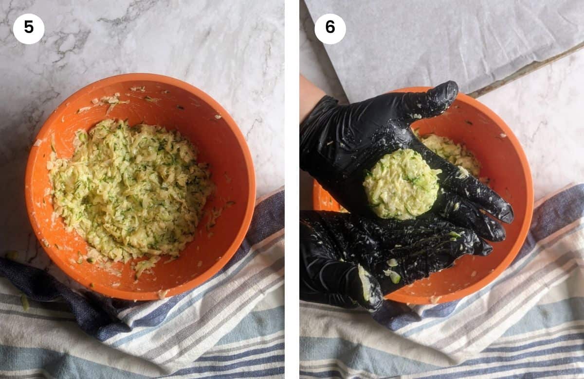 Step 5: Mixed ingredients in a bowl. Step 6: Shaping a fritter into a round shape.