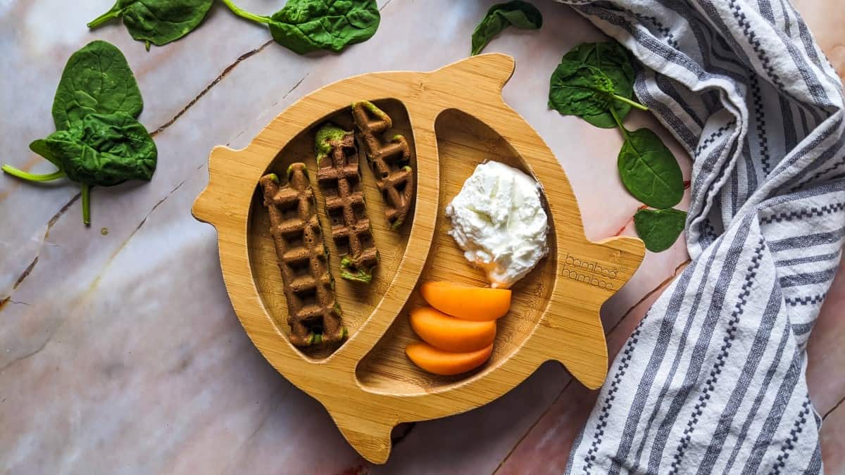 Spinach waffles served for a baby with yogurt and apricot slices.