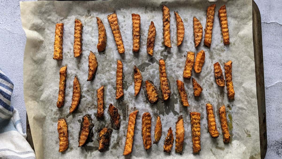 Sweet potato fries when they come out of the oven.