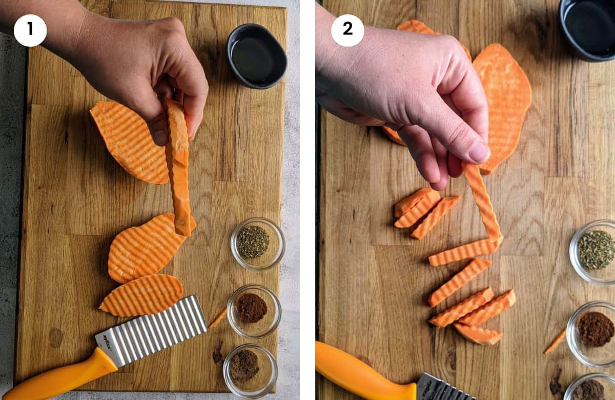Step1: Cutting the sweet potato into slices. Step2: Cutting each slice into finger size pieces.