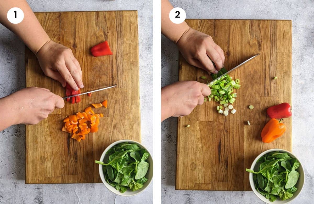 Step1: Cutting the peppers into cubes. Step2: Cutting the green onions into slices.