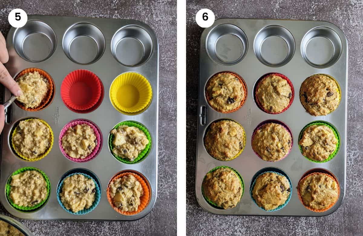 Step5: Adding the batter to muffin cases. Step6: Sugar-free apple muffins out of the oven.