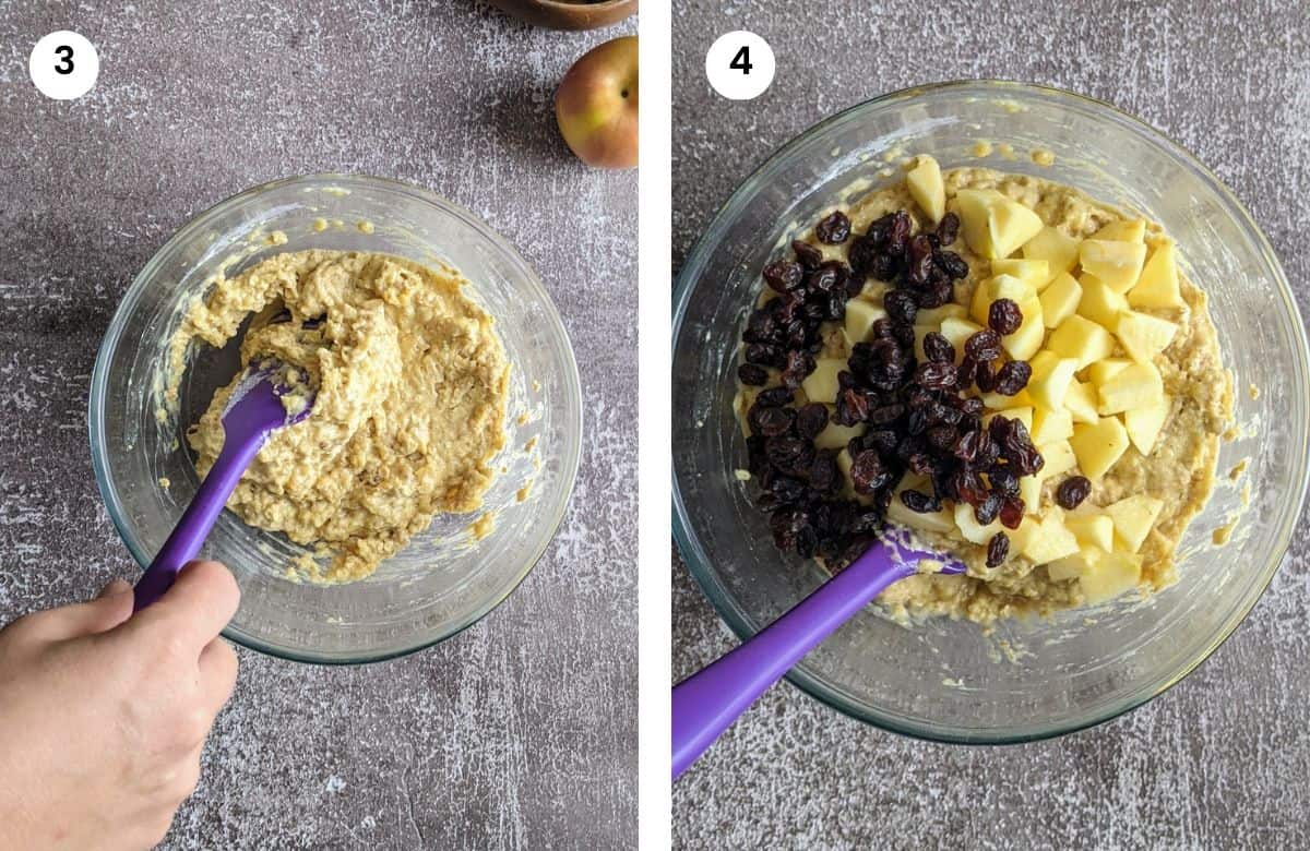 Step3: Mixing the batter with a spatula. Step4: Adding raisins and apple cubes.