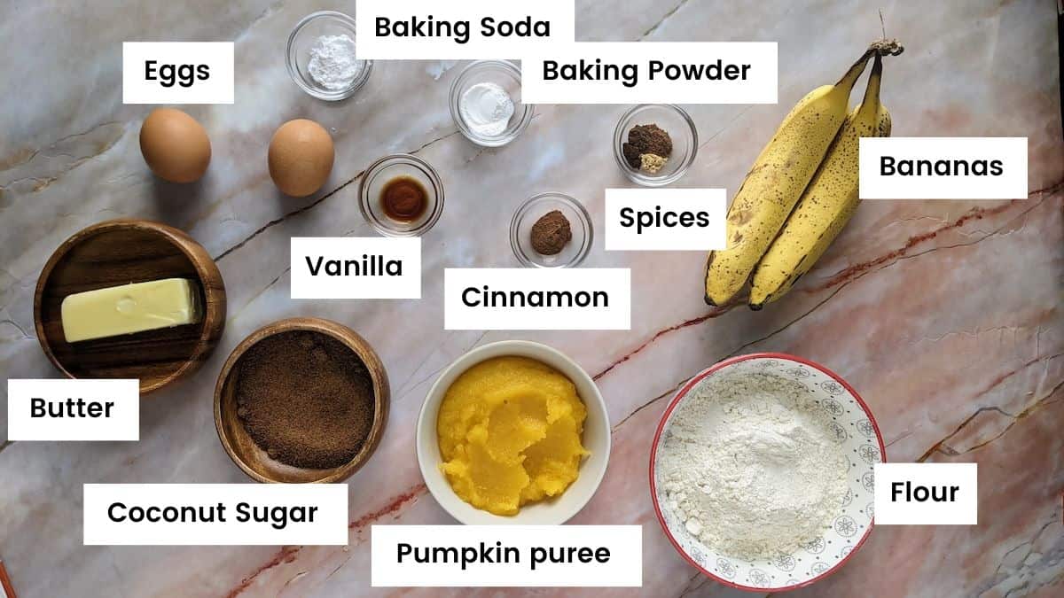 Ingredients for pumpkin banana muffins.
