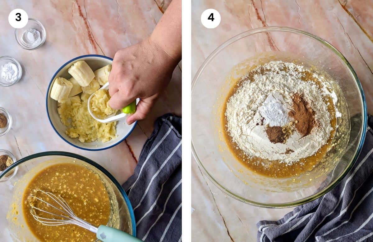 Step3: Mashing the bananas. Step4: Adding dry ingredients to the bowl.