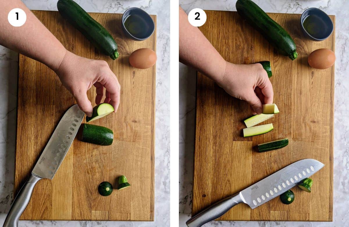 Step1: Cutting zucchini in quarters. Step2: Cutting zucchini into sticks.