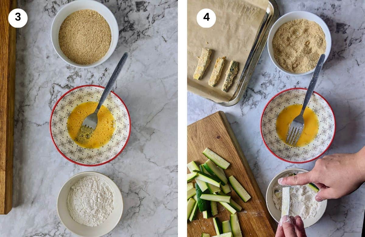Step3: Placing the bowls with flour, beaten egg and breadcrumbs in order. Step4: Dipping the zucchini stick in flour and tapping it.
