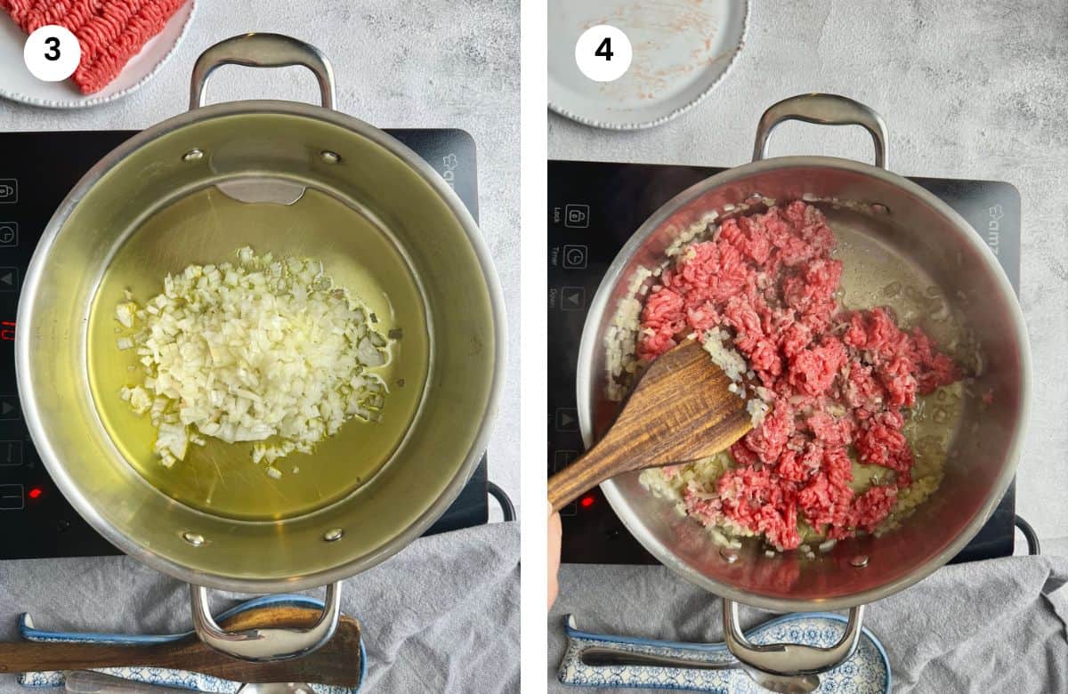 Step3: Sauteing the chopped onion. Step4: Sauteing the ground beef.