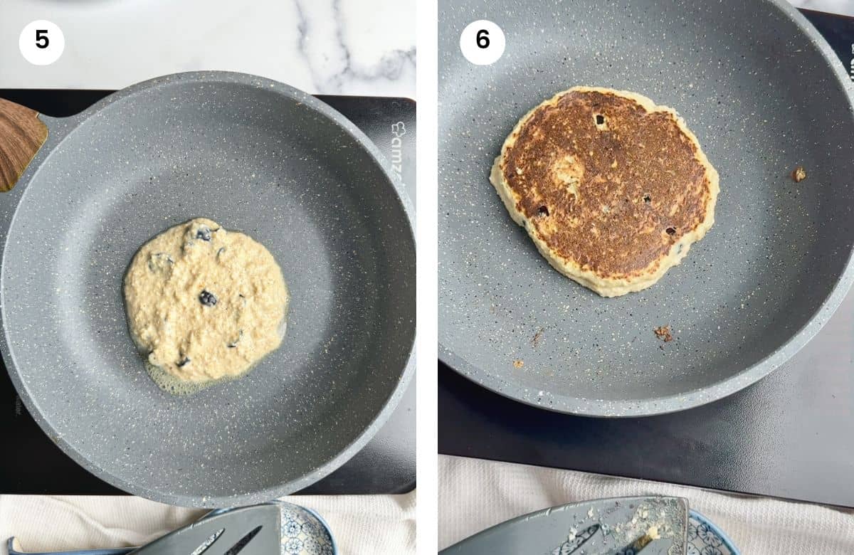 Step5: Blueberry oat pancake in a pan. Step6: Flipped pancake in the pan to cook on the other side.