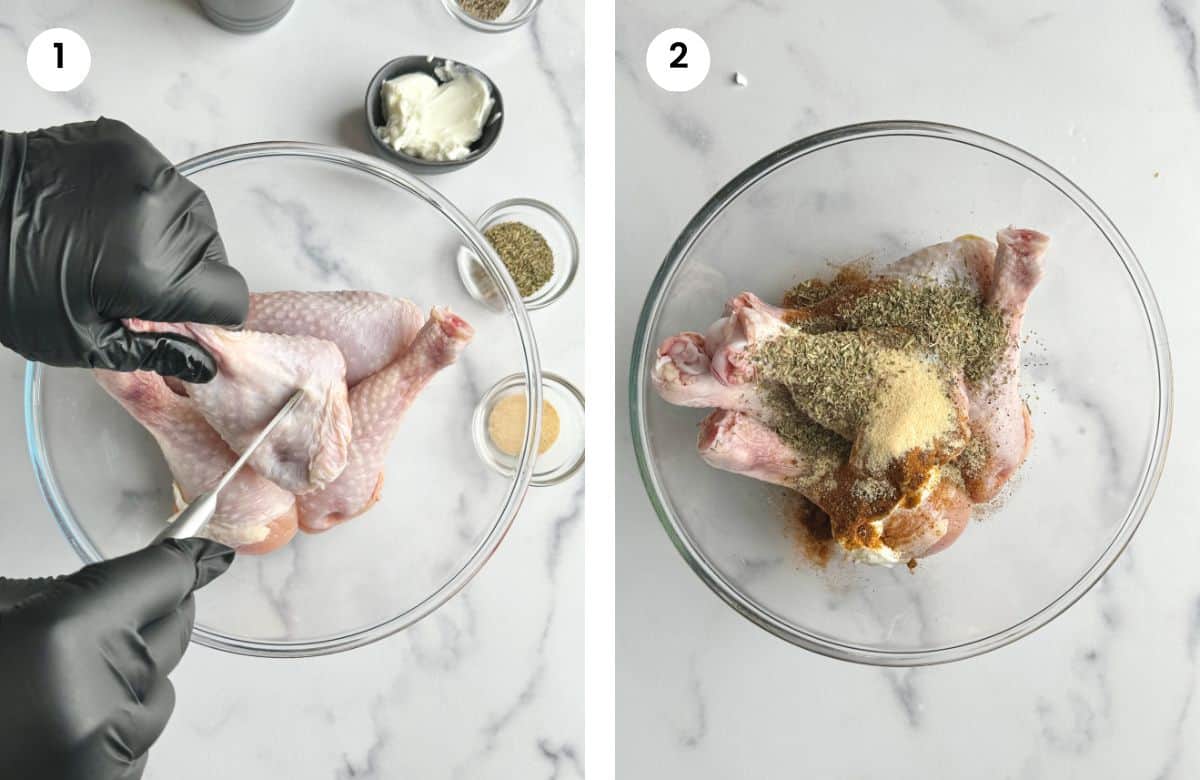 Step1: Poking holes in drumsticks. Step2: Adding all spices and yogurt in the bowl with drumsticks.
