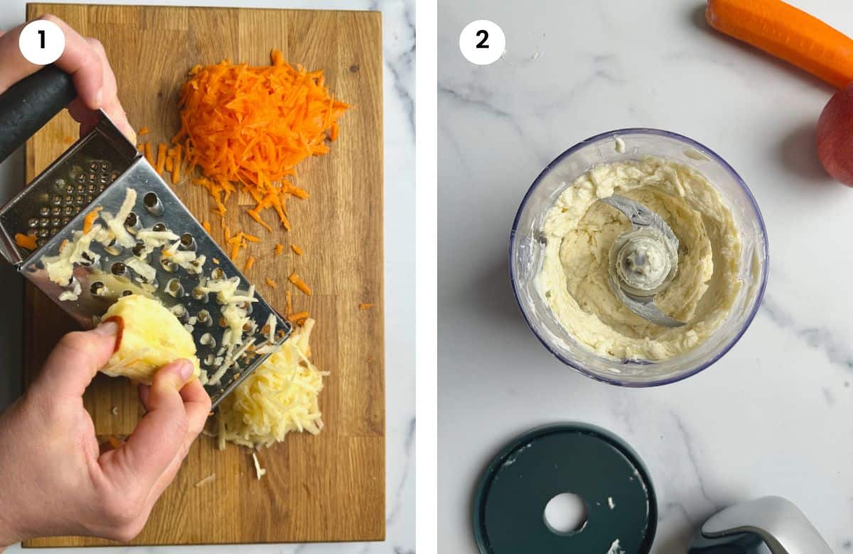 Step1: Grating apple and carrot for the muffins. Step2: Mixed butter and banana in a blender.