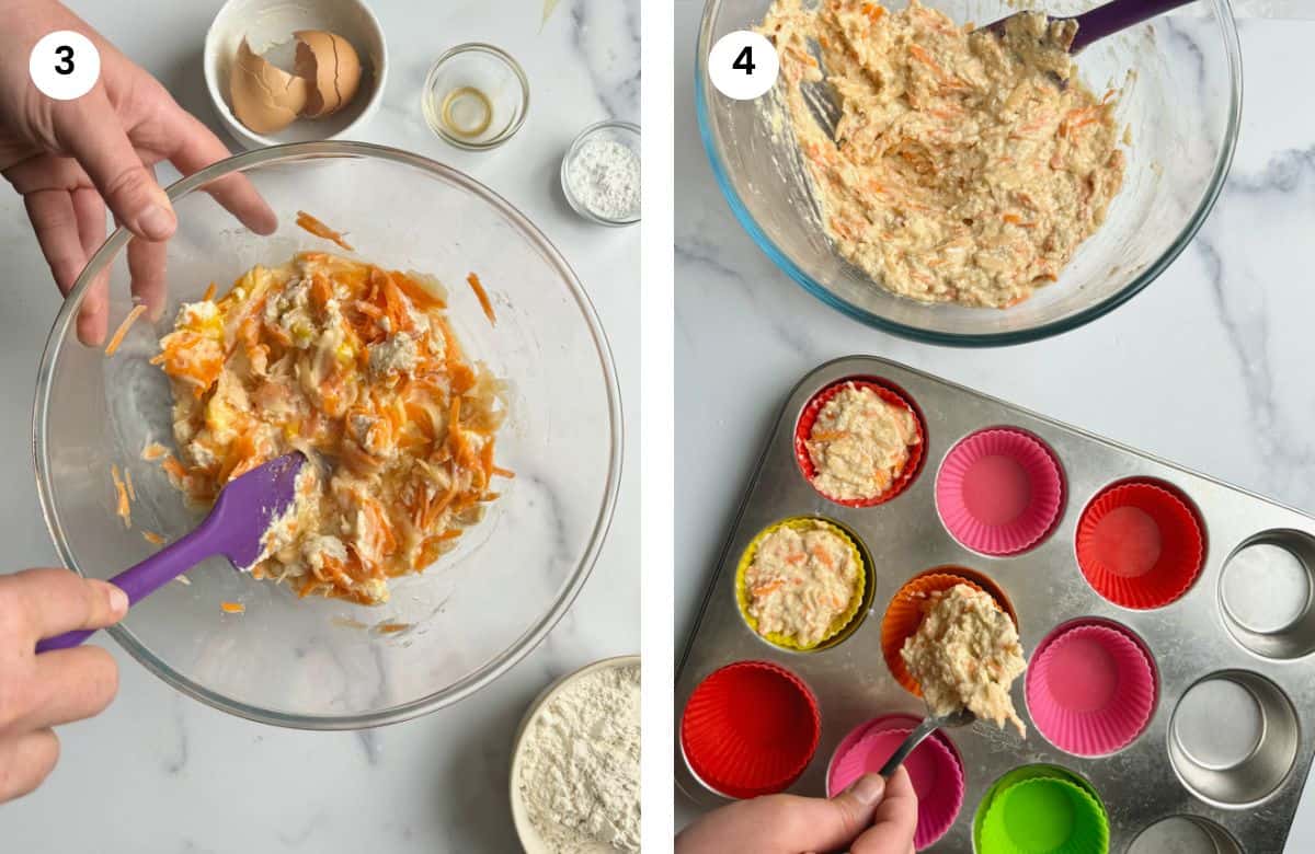 Step3: Mixing all ingredients in a glass bowl. Step4: Adding batter to silicon muffin cases.