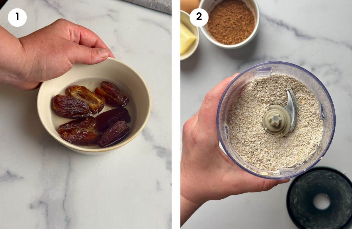 Step1: Soaking the dates in hot water. Step2: Oats after blended into oat flour.