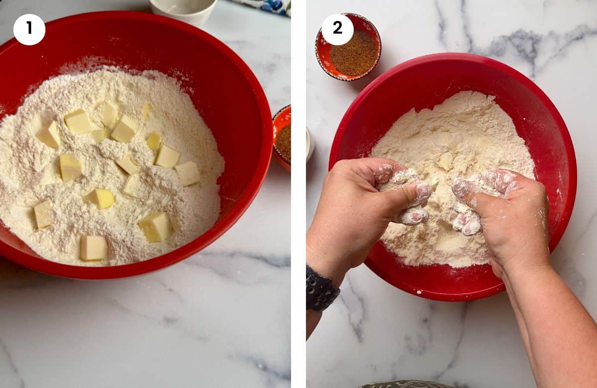 Step1: Adding flour and butter cubes to a bowl. Step2: Rubbing the butter with the flour.