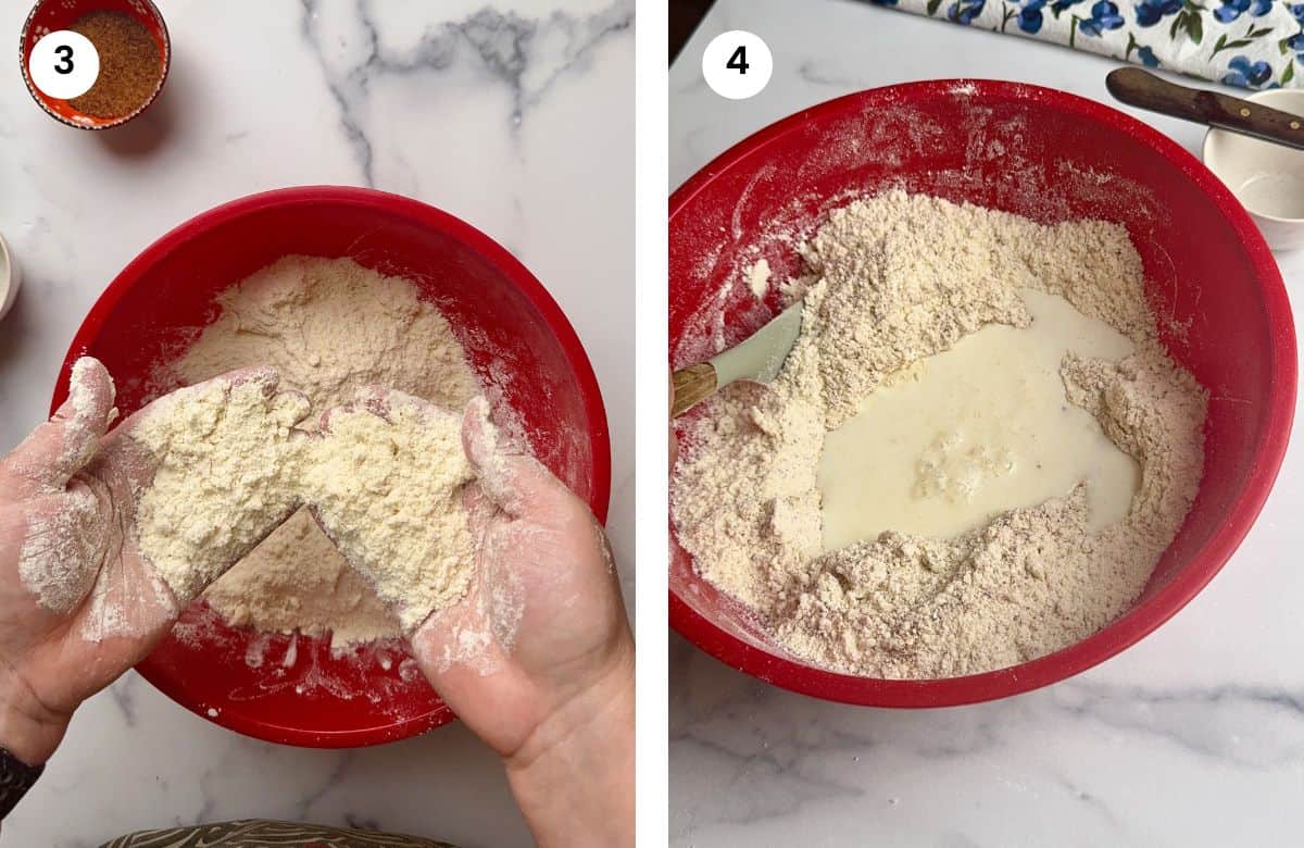 Step3: Hands showing the sandy texture. Step4: Milk added to the bowl.