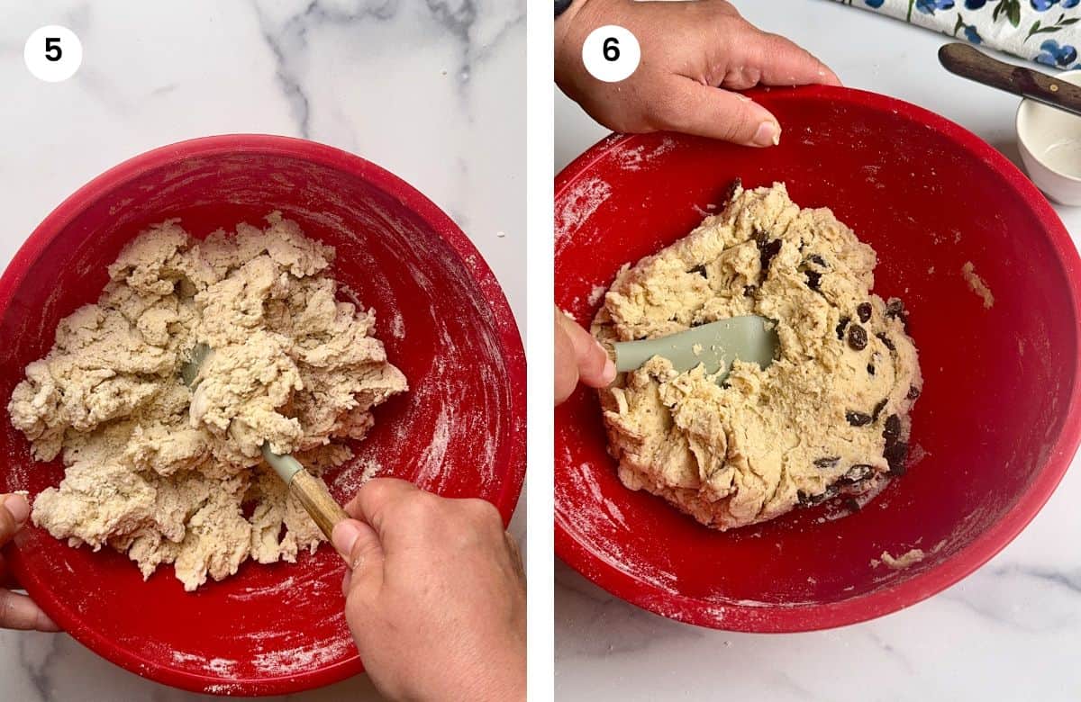 Step5: Making the dough using a spatula. Step6: Added the raisins to the dough.