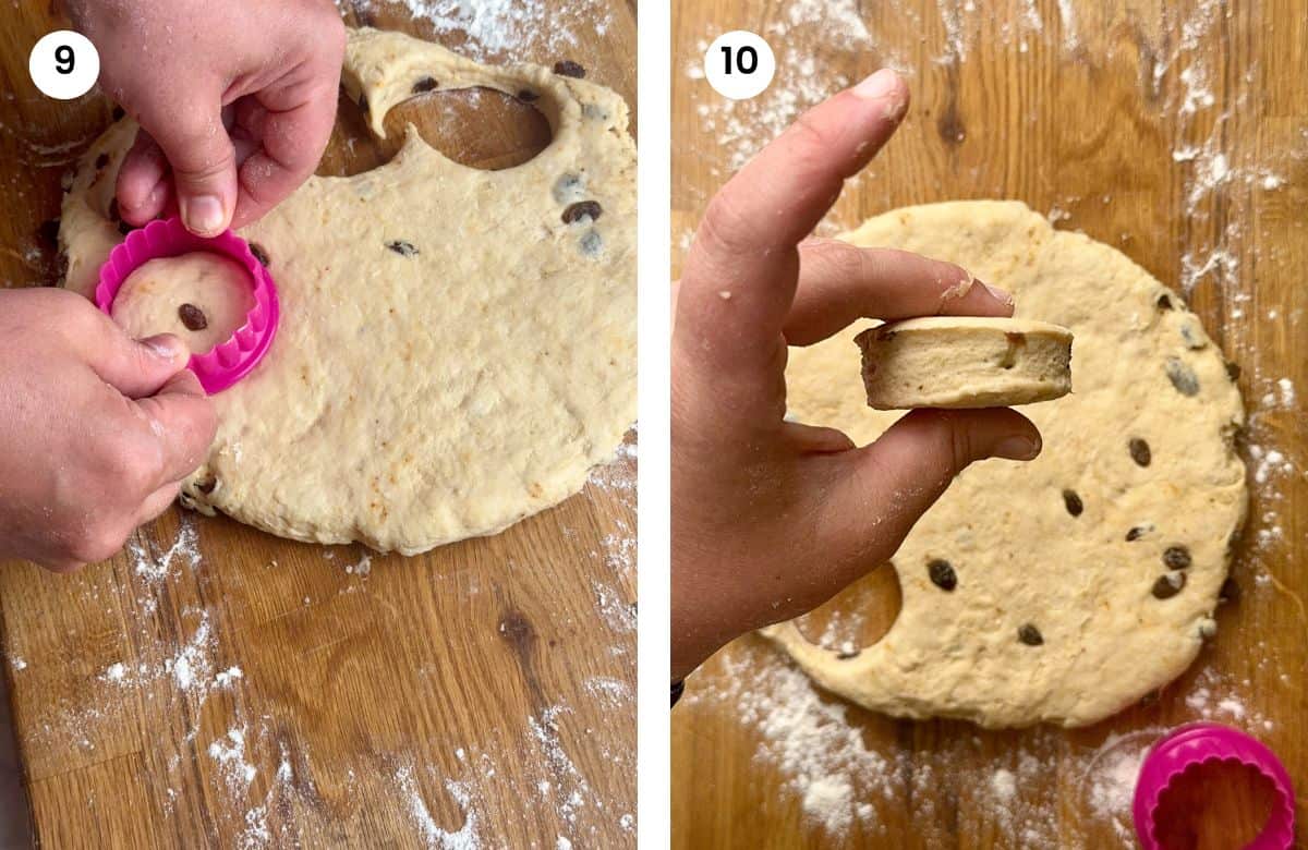 Step9: Pressing the cutter on the dough. Step10: Showing the raw scone thickness.