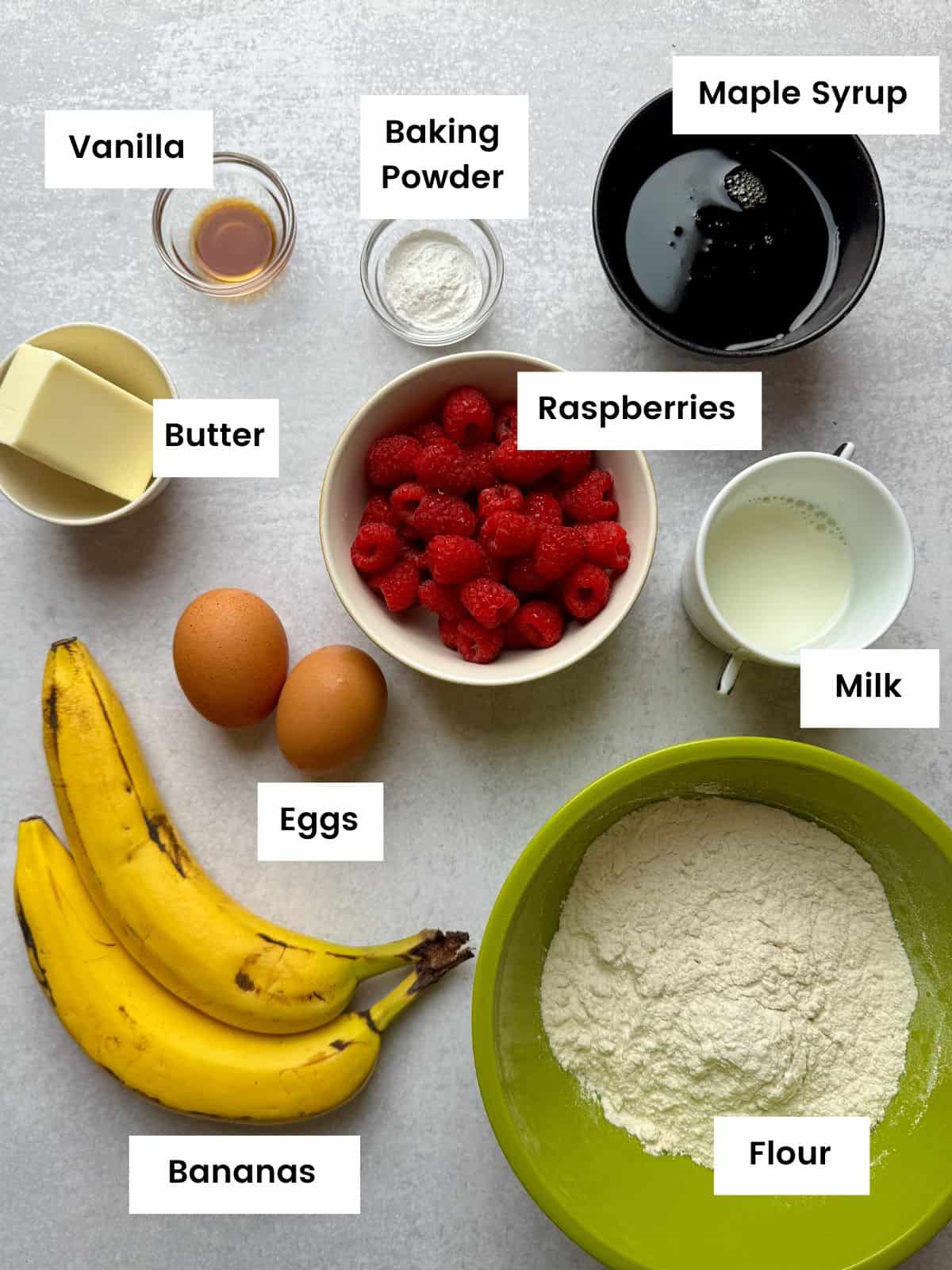 Ingredients for raspberry banana muffins.
