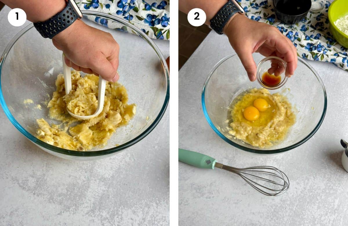 Step1: Mashing the bananas. Step2: Adding the vanilla extract.