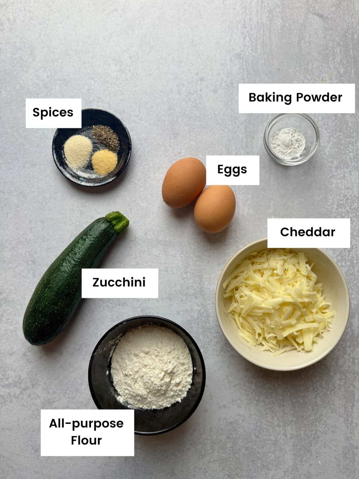 Ingredients for zucchini cheese waffles.