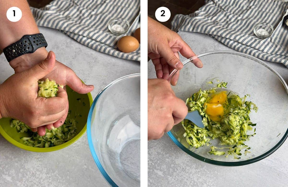 Step1: Squeezing shredded zucchini. Step2: Mixing eggs with zucchini.