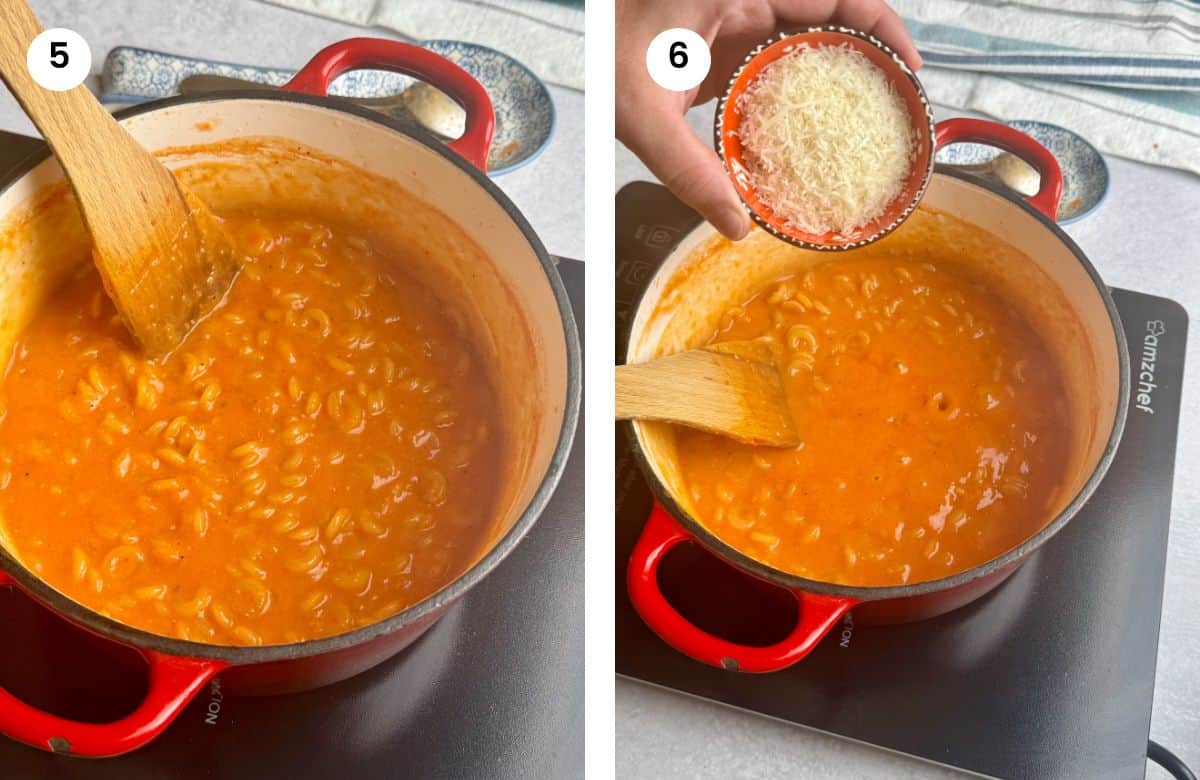 Step5: Added half and half to the pot. Step6: Adding the grated parmesan cheese.