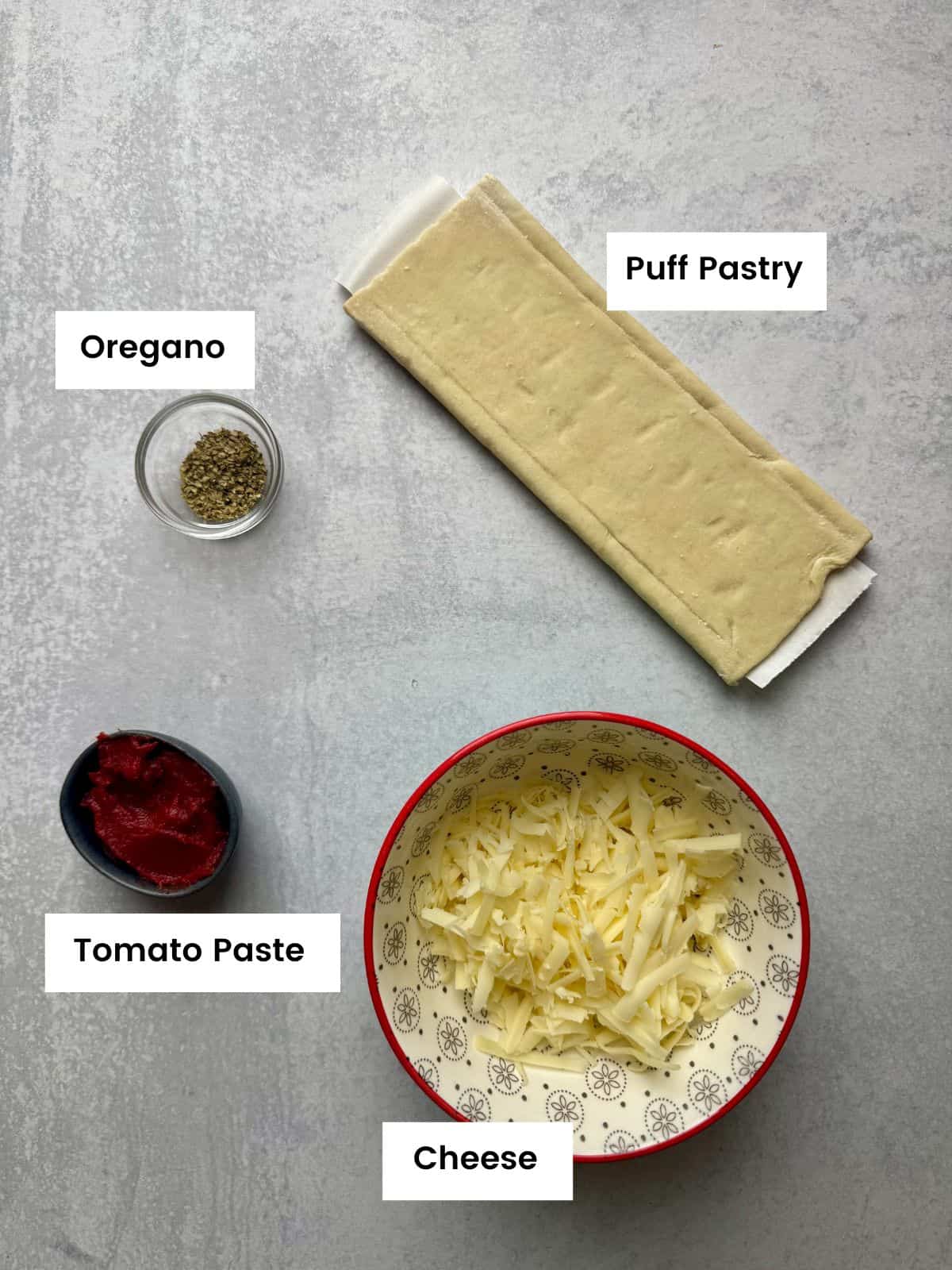Ingredients for cheese and tomato pinwheels.