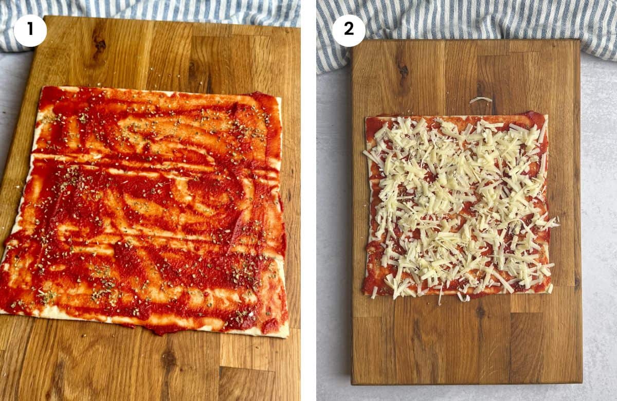Step1: Puff pastry with tomato paste and oregano spread on top. Step2: Shredded cheese spread on top of the tomato.