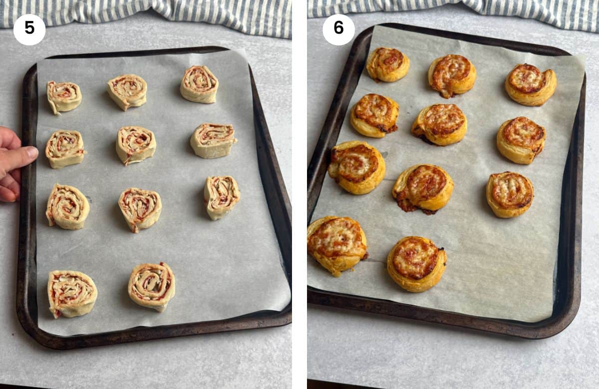Step5: Cheese and tomato pinwheels ready to go in the oven. Step6: Pinwheels when they come out of the oven.
