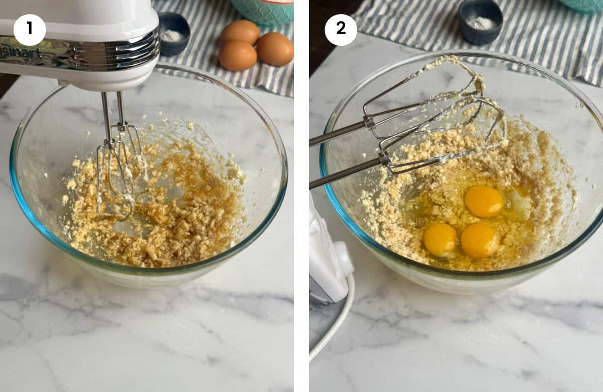 Step1: Mixing butter and maple syrup. Step2: Added eggs.