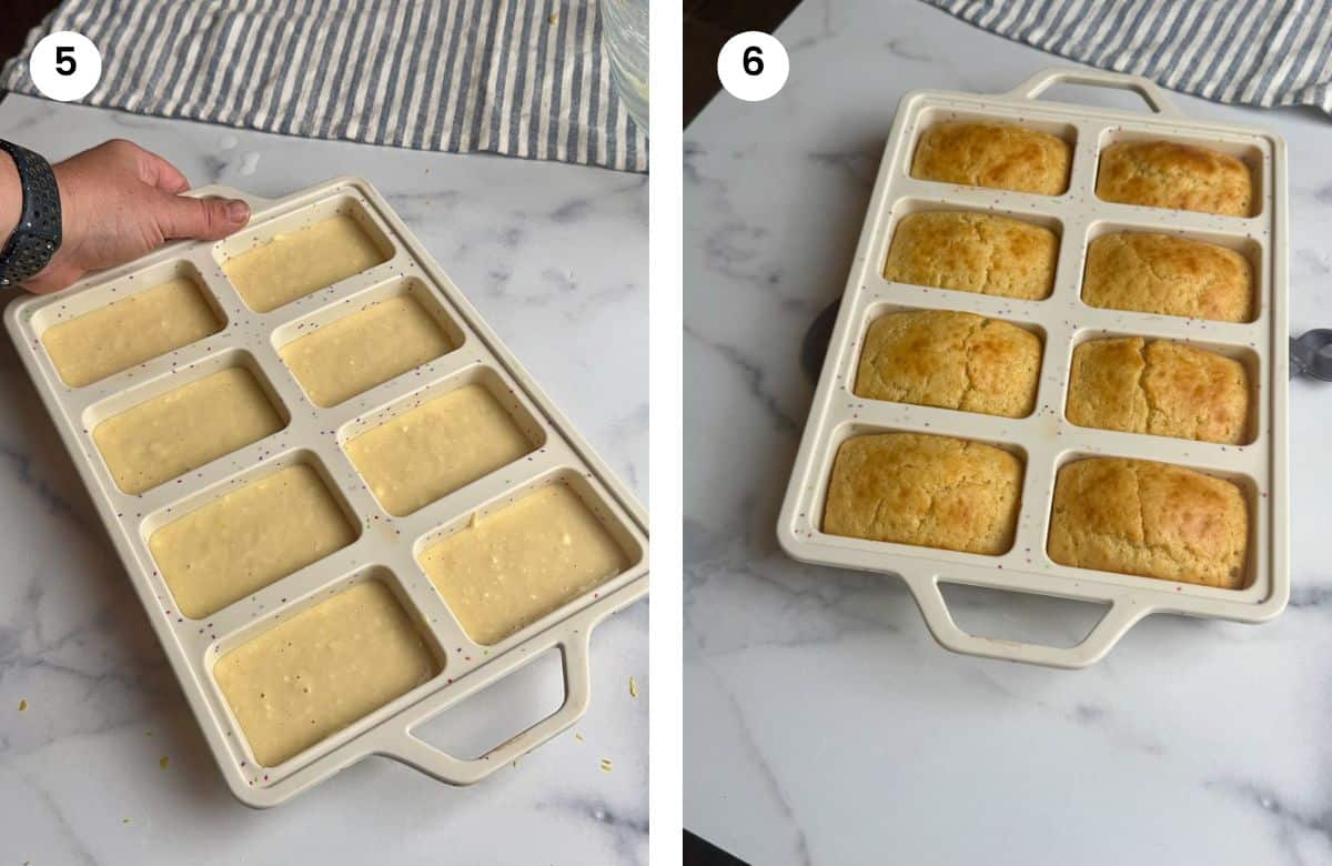 Step5: Batter in the mini loaf pan. Step6: Lemon loaf cakes when they come out of the oven.