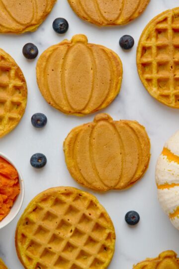 Pumpkin spice waffles in different shapes next to squash and bowl with pumpkin purée.