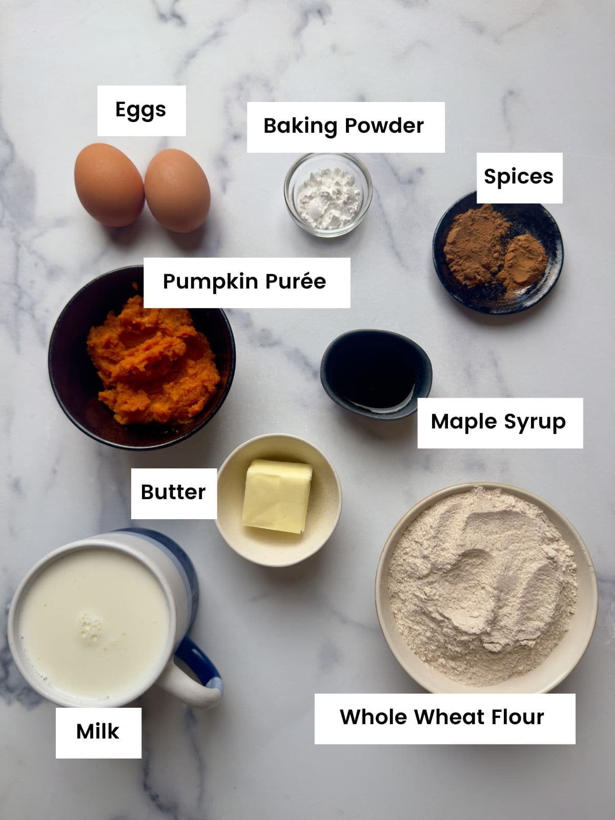 Ingredients for pumpkin spice waffles.