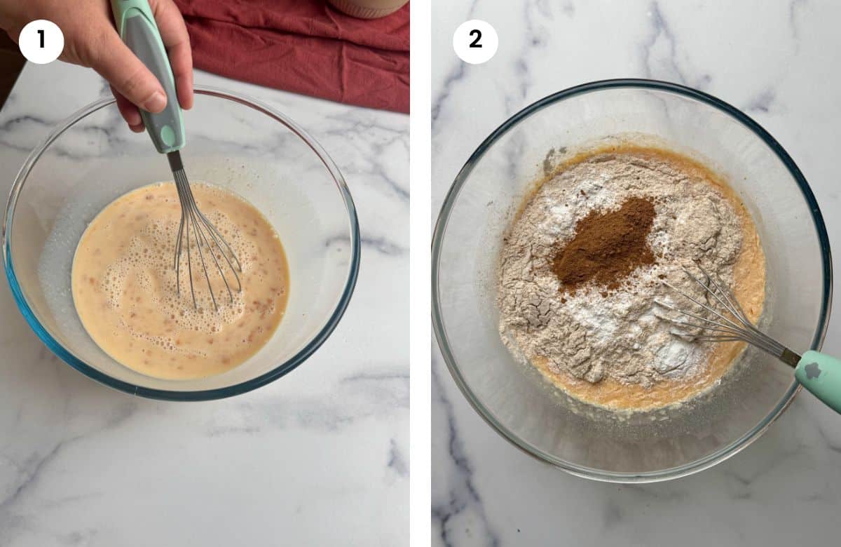 Step1: Mixing the wet ingredients in a bowl. Step2: Added the dry ingredients.