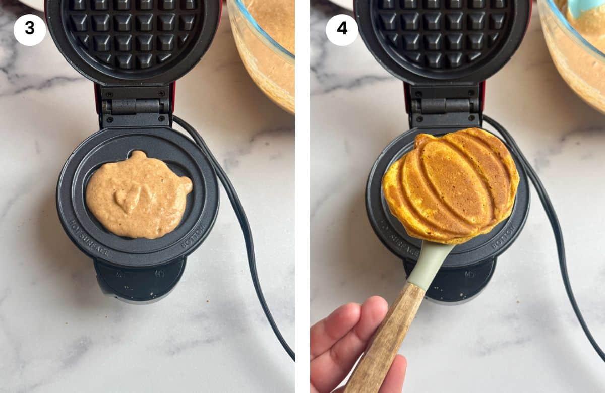 Step3: Added batter to the waffle maker. Step4: Pumpkin waffle is ready.