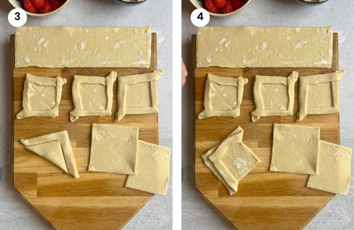 Step3: First fold and cut of puff pastry square. Step4: Shaping the puff pastry square into a diamond.