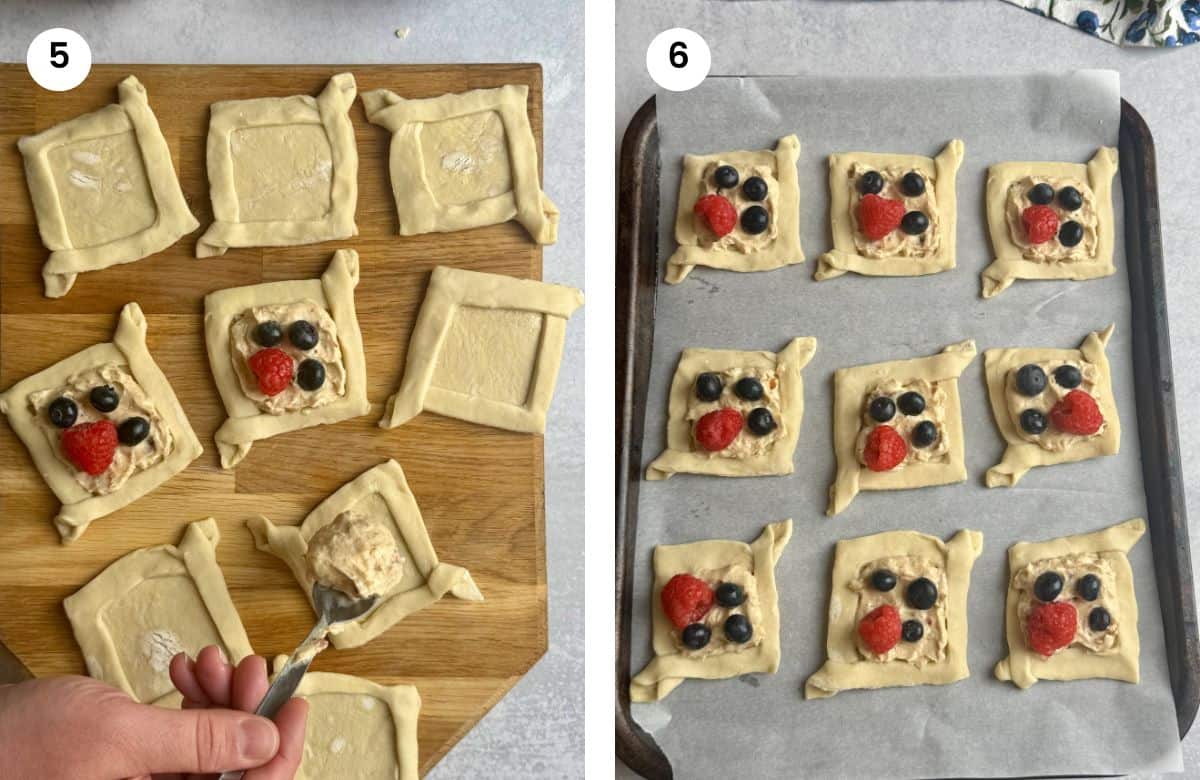 Step5: Adding a spoon of cream cheese filling to the pastry middle. Step6: Ready to go in the oven.