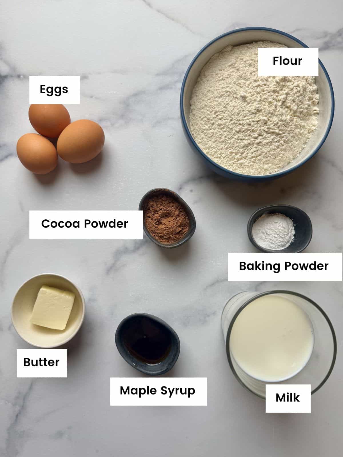 Ingredients for chocolate sheetpan pancakes.