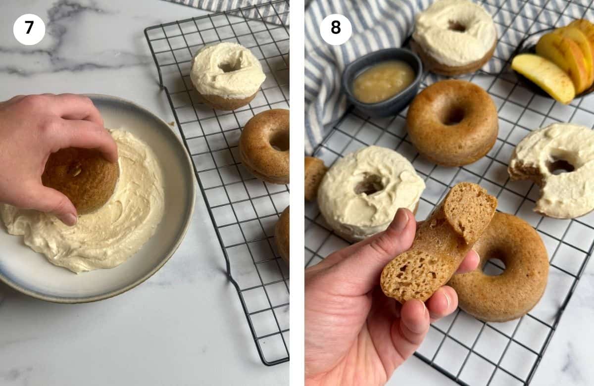 Step7: Dipping donut on the frosting. Step8: Showing half a donut to show texture.