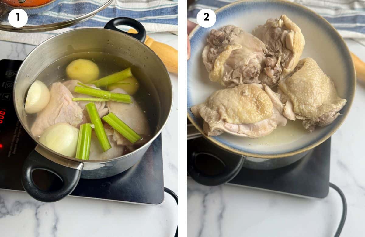 Step1: Adding veggies and chicken to a pot filled with water. Step2: Cooked chicken in a plate.
