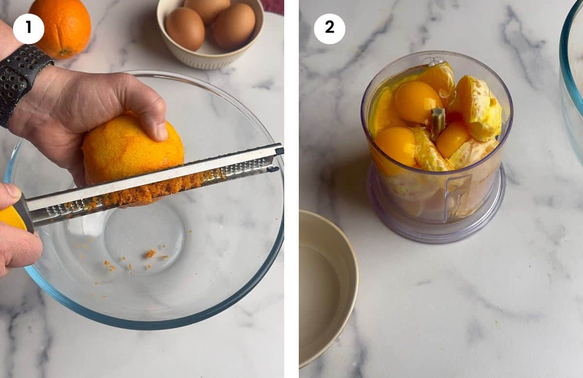 Step1: Taking the zest of an orange. Step2: Orange flesh and eggs added to food processor.