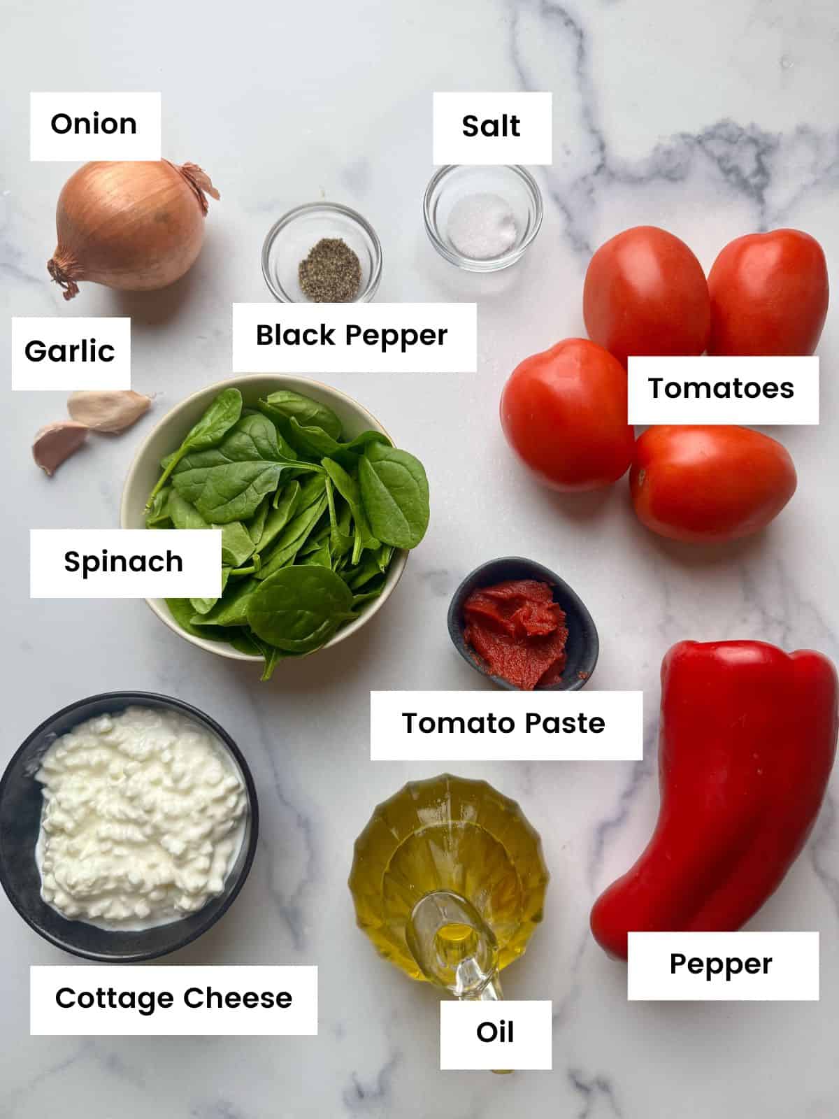 Ingredients for tomato, pepper and cottage cheese pasta sauce.