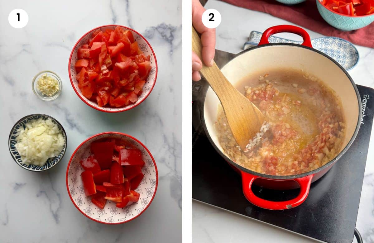 Step1: Chopped veggies. Step2: Cooking onion and tomato paste.