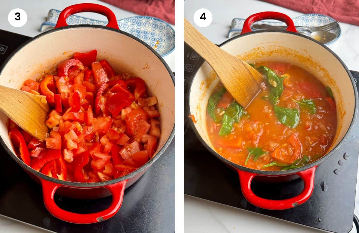 Step3: Added the tomatoes and pepper to the pot. Step4: Added the spinach leaves.