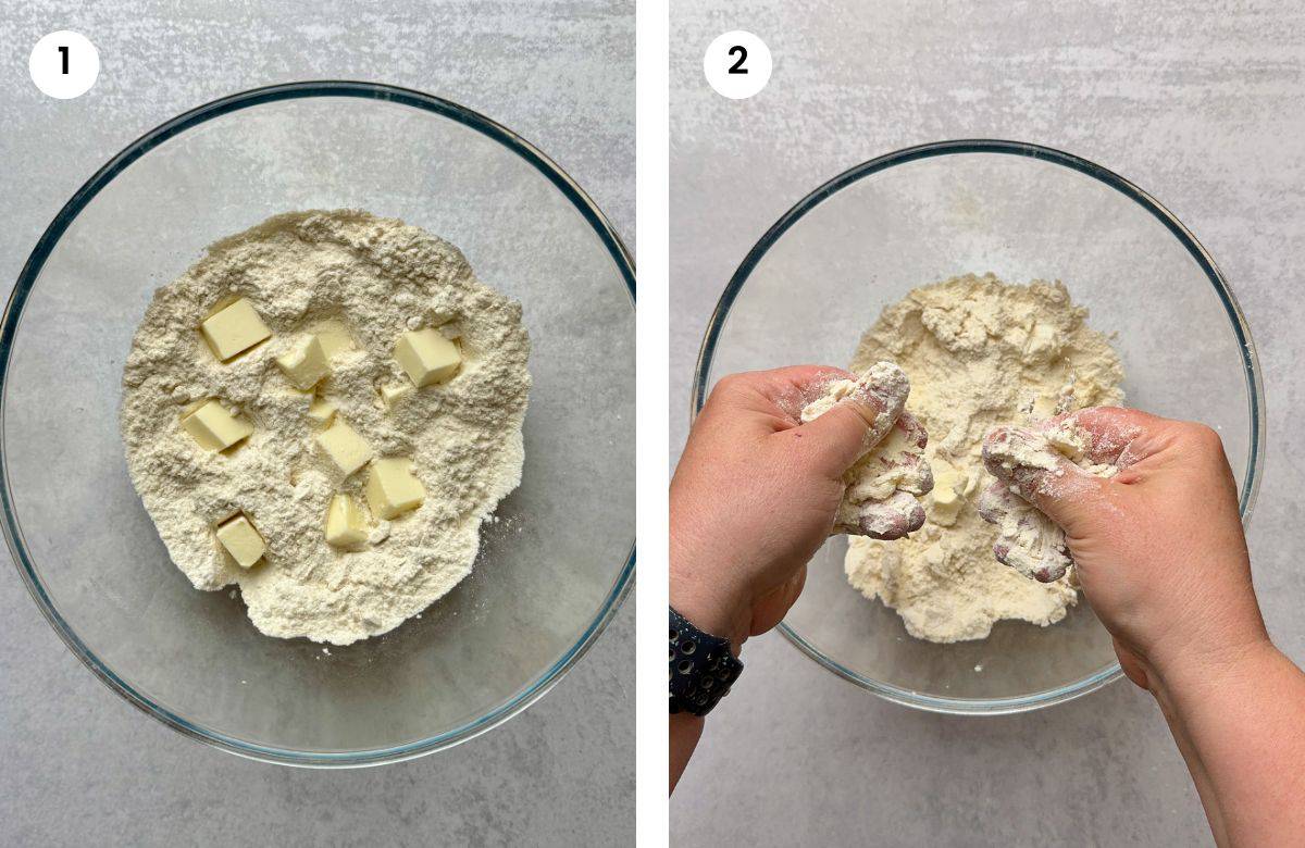 Step1: Butter and flour in a bowl. Step2: Rubbing cold butter with flour.