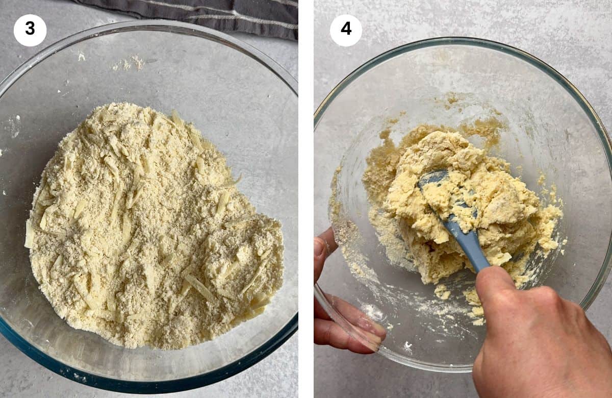 Step3: Mixed flour and grated cheese. Step4: Making the dough with a spatula.