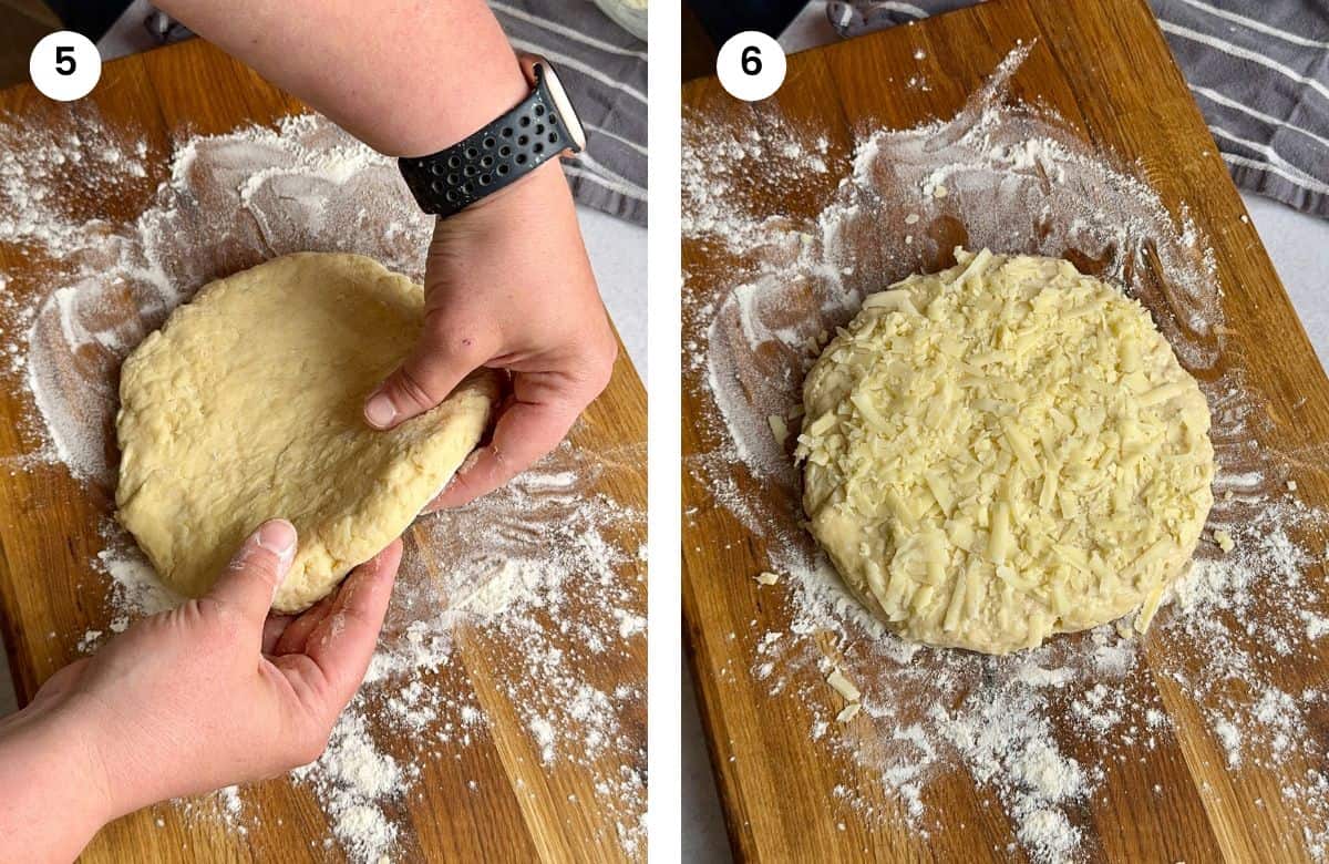 Step5: Showing thickness of dough rolled into a round shape. Step6: Dough with grated cheese on top.