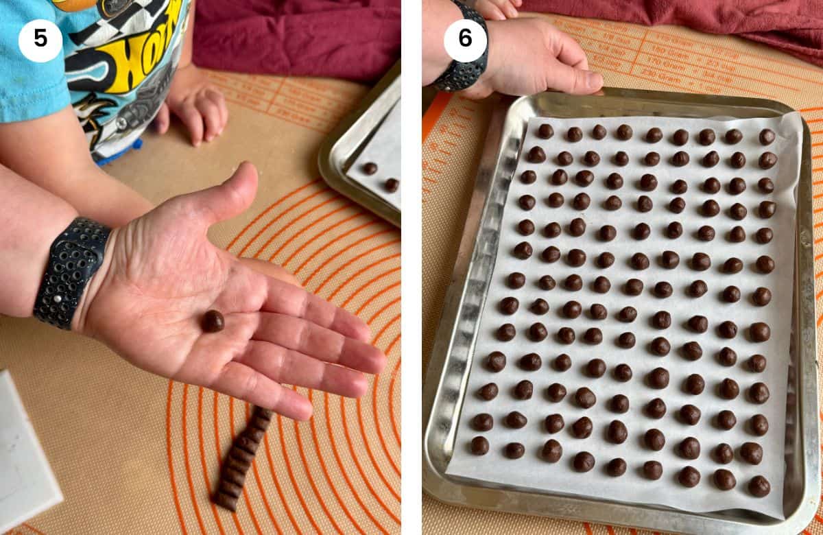 Step5: Rolled one piece of dough into a ball. Step6: Cocoa puffs ready to go in the oven.